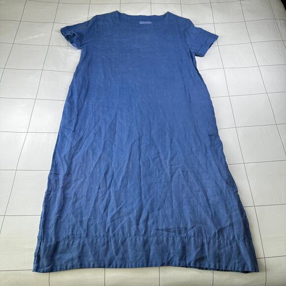 Lazy Bones Dress Womens Small Blue Linen Midi Lagenlook Minimalist Short Sleeve - Picture 1 of 10
